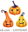 Funny Halloween pumpkins illustration. Three watercolor squashes isolated set Cute party clip art on white background. Perfect for kids festive decoration, stickers, cards, labels, invitations, design 129783485