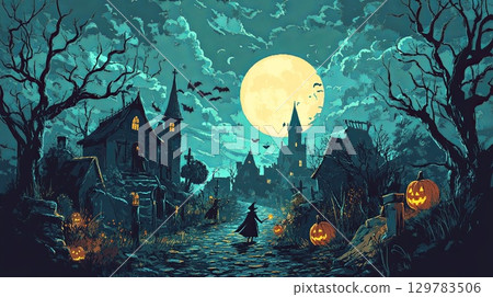 A spooky Halloween scene with witches casting spells under a full moon . A spooky Halloween scene with witches casting spells under a full moon . 129783506