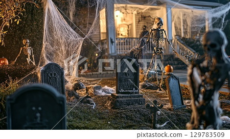 A spooky front yard decorated with cobwebs, tombstones, and skeletons . 129783509