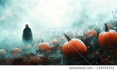 A spooky pumpkin patch with a mysterious figure hidden in the fog . 129783512