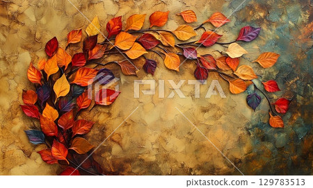 A swirl of colorful autumn leaves against a smooth, earthy background . 129783513