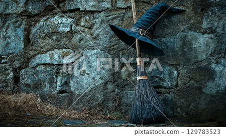 A witch hat on a broomstick leaning against an old, stone wall . 129783523