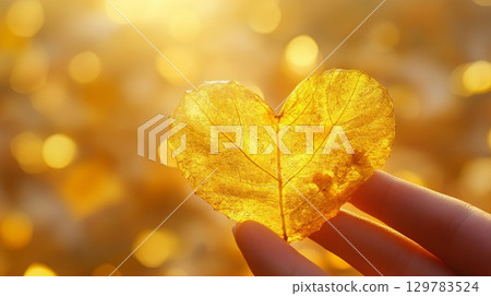 A yellow autumn leaf shaped like a heart held gently in a woman hand, golden leaves scattered in the background . 129783524