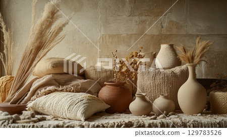 Abstract clay and fabric forms in a cozy fall studio setting . Abstract clay and fabric forms in a cozy fall studio setting . 129783526
