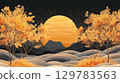 Beautiful autumn evening with sunset and golden trees, space for text. . 129783563