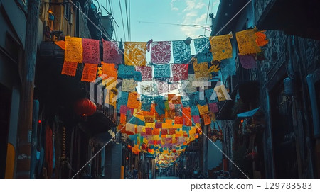Bright papel picado hanging above a street during celebration . 129783583