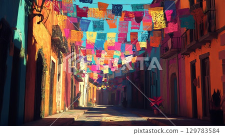 Bright papel picado hanging above a street during celebration . 129783584