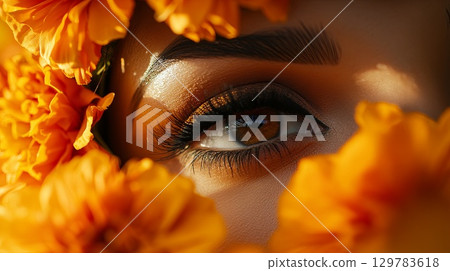 Close-up of Catrina makeup and marigold headpiece . 129783618