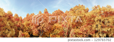 3d rendering of panoramic autumn deciduous forest with yellow orange and red foliage on a sky background. Realistic wide nature panorama illustration 3d rendering of panoramic autumn deciduous forest with yellow orange and red foliage on a sky background. Realistic wide nature panorama illustration 129783702