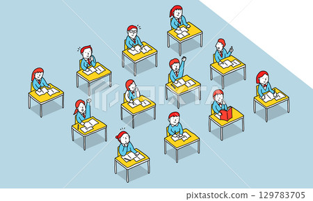 Illustration of junior high and high school students taking classes in a classroom Illustration of junior high and high school students taking classes in a classroom 129783705