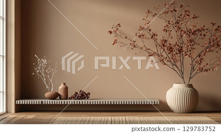 Earth-tone gradients behind a minimalist stage with seasonal elements . 129783752