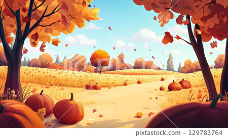 Fall trees and pumpkin patch, quiet countryside, space for text. . 129783764