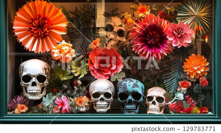 Festive shop window with skulls and paper flowers . 129783771