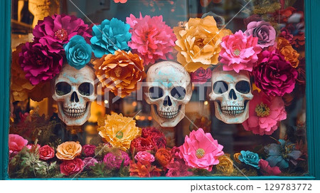 Festive shop window with skulls and paper flowers . 129783772