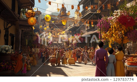 Festive street scene with families honoring their ancestors . 129783774