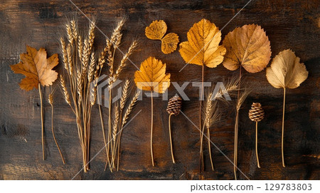 Golden fall leaves and dried wheat arranged artistically on a rustic wooden table . 129783803