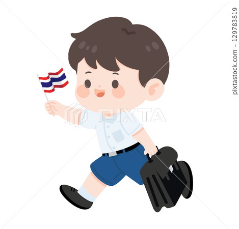 Cartoon Thai Schoolboy Holding Flag Illustration 129783819