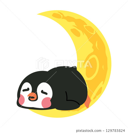 Cartoon Penguin Sleeping on the Moon Cartoon Penguin Sleeping on the Moon 129783824