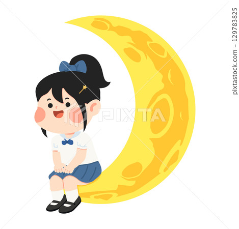 Cartoon Girl Sitting on Crescent Moon Illustration Cartoon Girl Sitting on Crescent Moon Illustration 129783825