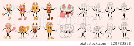 Cartoon style beverage groovy character with cute face, arm and leg shown in both colored and black and white outline versions for coloring or design purposes. 129783858
