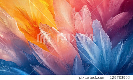 High-detail view of ice crystals forming on colorful leaves . 129783903