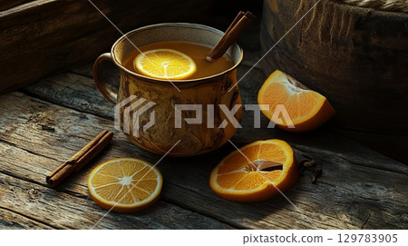 Hot apple cider with a cinnamon stick and orange slices, placed on a rustic table. . 129783905