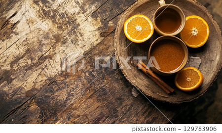 Hot apple cider with a cinnamon stick and orange slices, placed on a rustic table. . 129783906