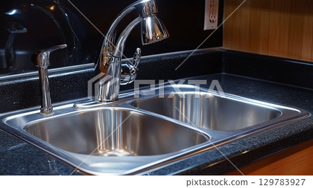 Installing a new, modern kitchen faucet with a pull-out sprayer . 129783927