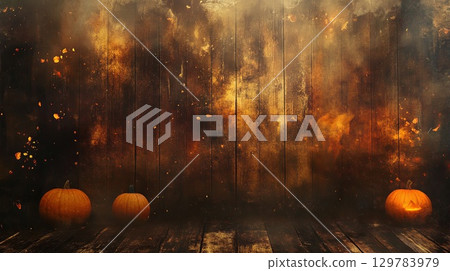 Magical glowing Halloween backdrop with pumpkins and wood texture . 129783979