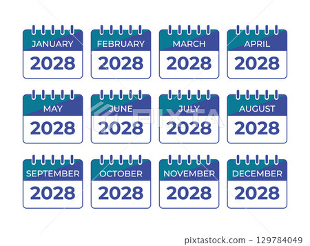 Twelve months calendar displaying the year twenty twenty eight in a flat design on a white background Twelve months calendar displaying the year twenty twenty eight in a flat design on a white background 129784049
