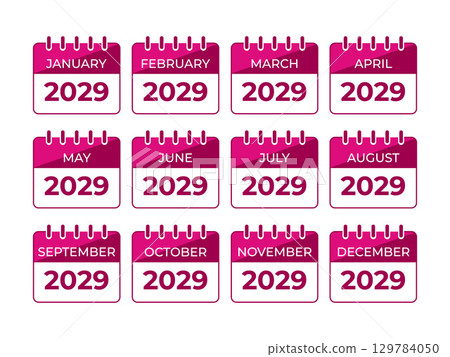 Twelve pink calendar icons showing each month of the year for the year twenty twenty nine Twelve pink calendar icons showing each month of the year for the year twenty twenty nine 129784050