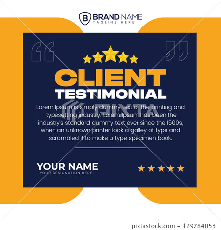 Client testimonial graphic with stars and quote marks on a yellow and dark blue background design Client testimonial graphic with stars and quote marks on a yellow and dark blue background design 129784053