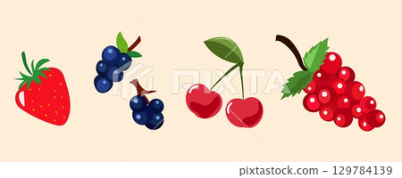 Vibrant illustration features a collection of fruits, showcasing a ripe strawberry, clusters of blueberries, bright red cherries, and juicy grapes against a pastel background 129784139