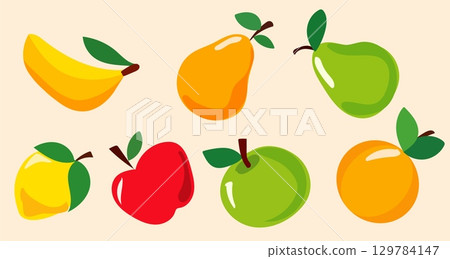 A vibrant vector illustration displays a selection of fruits including a banana, two types of pears, a red apple, and an orange against a light backdrop A vibrant vector illustration displays a selection of fruits including a banana, two types of pears, a red apple, and an orange against a light backdrop 129784147