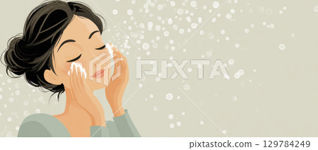 Woman practices hygiene by washing her face to prevent virus spread and mysophobia using sanitizer for clean skin and healthy habits 129784249
