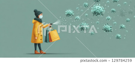 Person wearing mask sprays sanitizer on shopping bags to maintain hygiene and prevent virus spread showing mysophobia awareness 129784259