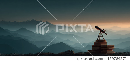 Corporate vision of success is symbolized by telescope on books with misty mountain layers 129784271
