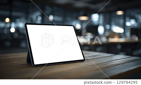 Tablet technology in business on wooden table with blank screen in modern office environment at night 129784295