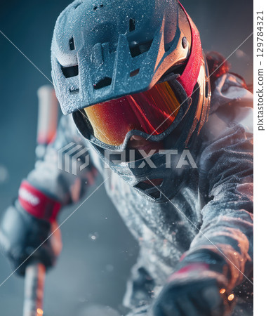 close up of motocross rider in action, wearing helmet and goggles, with snow and dynamic lighting effects 129784321