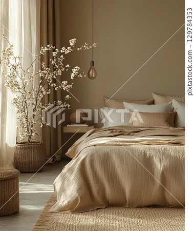 cozy bedroom with beige tones, soft textures, and natural decor, creating serene and stylish indoor living space 129784353