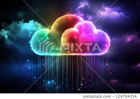 Vibrant cloud network with colorful lights and data visualization 129784354