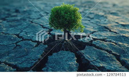 resilient evergreen tree grows vibrantly amidst cracked, dry soil, symbolizing hope and perseverance in harsh conditions 129784513