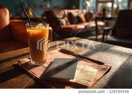 Summer iced coffee with straw on wooden table beside passport and boarding pass in cozy lounge with warm sunlight 129784548