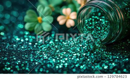 Shimmering green glitter spills from jar, surrounded by clovers 129784623