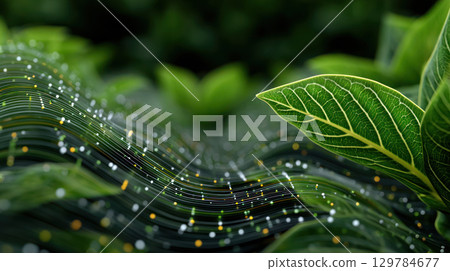 Abstract green leaf pattern with digital data overlay symbolizing ESG metrics and sustainable business growth in futuristic style 129784677