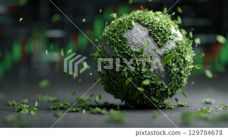 Green earth globe covered with fresh leaves and flying foliage symbolizing environmental sustainability and eco friendly global efforts 129784678