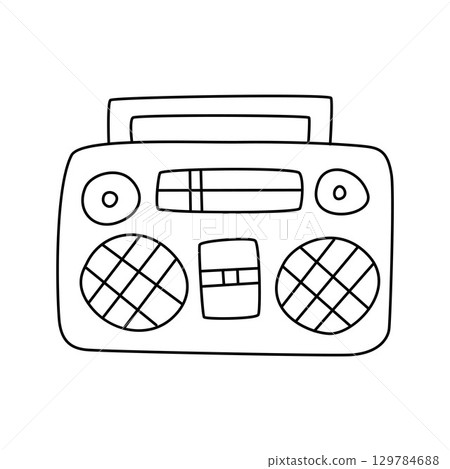 Outline Drawing of a Retro Portable Cassette Player and Radio Boombox 129784688