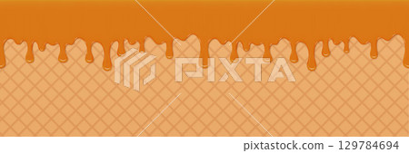 Abstract Caramel Drip on Waffle Texture in a Sweet Themed Design 129784694