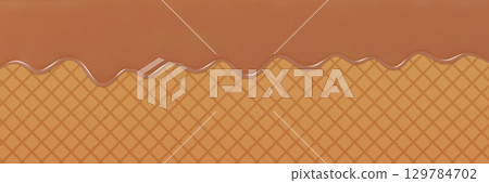 Abstract Caramel Drip Over Waffle Texture Dessert Background Design 129784702