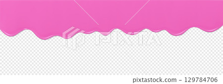 Dripping Pink Icing. Bright glaze, syrup, cream, sauce or paint drip. Glossy jelly dessert flow texture. Flowing yogurt. Realistic 3d vector border 129784706